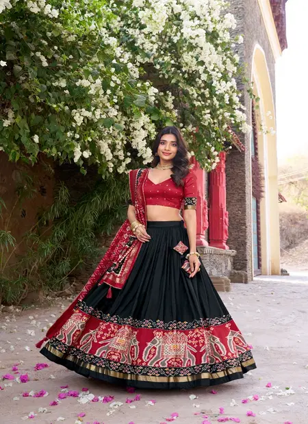 Black Colour Tussar Silk With Patola Printed With Foil Work Lehenga With Blouse Dupatta LNB1221 